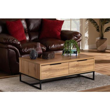 Franklin Modern and Contemporary Oak Brown Wood and Black Finished Metal 2-Drawer Coffee Table