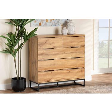 Franklin Modern and Contemporary Oak Brown Wood and Black Finished Metal 5-Drawer Bedroom Chest