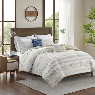 Fraser 5 Piece Printed Seersucker King/Cal King Comforter Set with Throw Pillows In Taupe and Blue