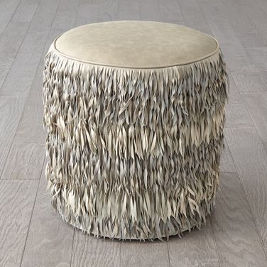 Fringe Marble Leather Ottoman In Light Grey