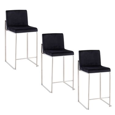 Fuji High Back 26 Inch Fixed Height Counter Stool Set of 3 In Black and Stainless Steel