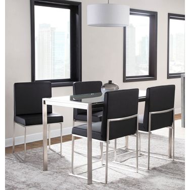 Fuji High Back Dining Set with Clear Glass and Faux Leather In Black and Stainless Steel