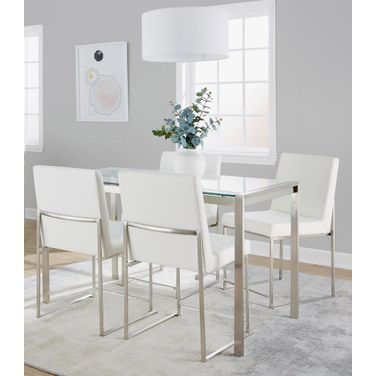 Fuji High Back Dining Set with Clear Glass and Faux Leather In White and Stainless Steel