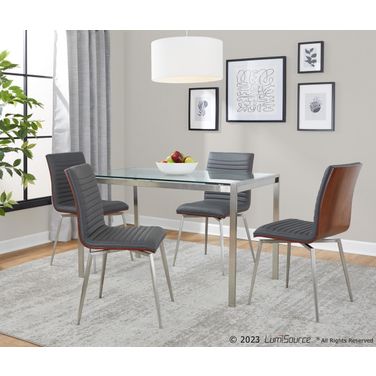 Fuji-Mason Faux Leather Swivel Dining Set with Clear Glass In Walnut and Grey