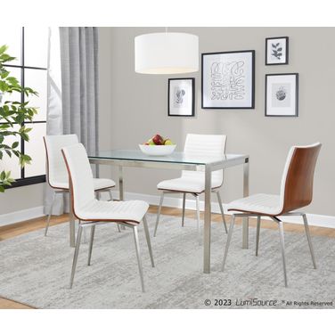 Fuji-Mason Faux Leather Swivel Dining Set with Clear Glass In Walnut and White