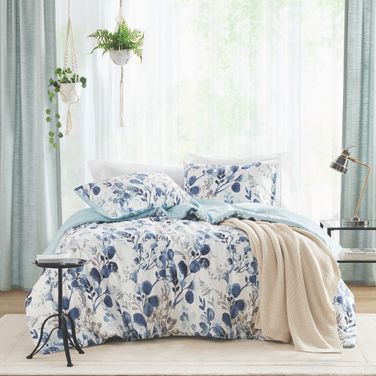Gabby Reversible Floral Botanical Seersucker Comforter Set In Blue and Navy