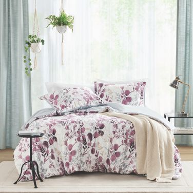 Gabby Reversible Floral Botanical Seersucker Comforter Set In Plum and Grey