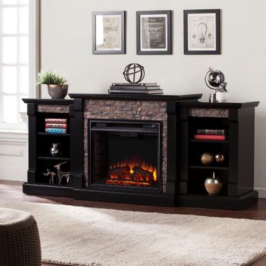 Gallatin Electric Fireplace With Bookcases And Black River Faux Stone In Black