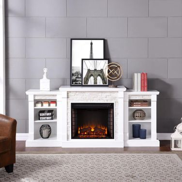 Gallatin Electric Fireplace With Bookcases In White With White Faux Stone