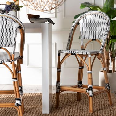 Genica Two Tone Weaving and Natural Rattan Barstool In Black and White