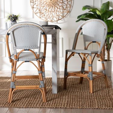 Genica Two Tone Weaving and Natural Rattan Counter Stool Set of 2 In Navy and White