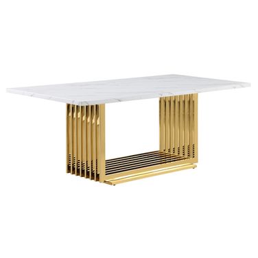 Gerelt 79 Inch Dining Table In White Marble and Gold Steel Base