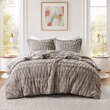 Gia Solid Faux Fur Comforter Mini Set In Gray