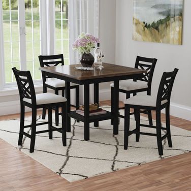 Gill 5 Piece Counter Set with Table and Wood Back Chairs In Medium Brown and Black
