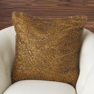 Golden Beaded Shag Pillow In Gold