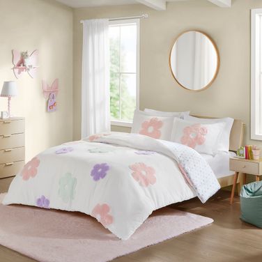 Gracie Floral Reversible Tufted Chenille Duvet 3 Piece Full/Queen Cover Set In White and Purple