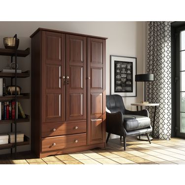 Grand 3-Door Wardrobe with Raised Panel Doors and Metal Knobs In Mocha