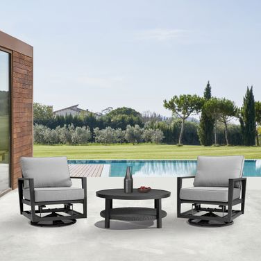 Grand 3-Piece Black Aluminum Outdoor Seating Set with Dark Gray Cushions