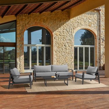 Grand 4-Piece Black Aluminum Outdoor Seating Set with Dark Gray Cushions