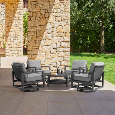 Grand 5-Piece Black Aluminum Outdoor Seating Set with Dark Gray Cushions
