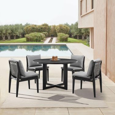 Grand Outdoor Patio 5-Piece Round Dining Table Set In Aluminum With Grey Cushions