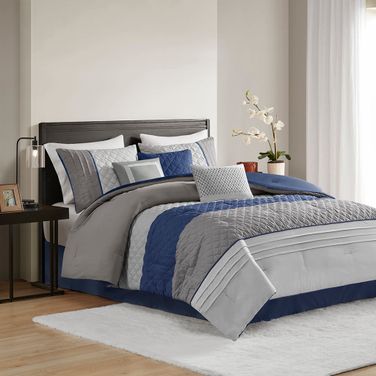 Greer 7 Piece Color Block Stripe Queen Comforter Set with Throw Pillows In Blue
