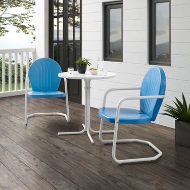 Griffith 3 Piece Retro Outdoor Bistro Set In Sky Blue Gloss and White Satin