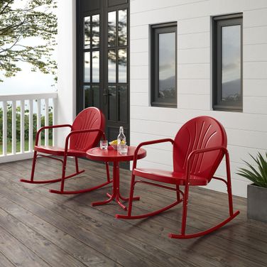 Griffith 3 Piece Retro Outdoor Rocking Chair Set In Bright Red Gloss