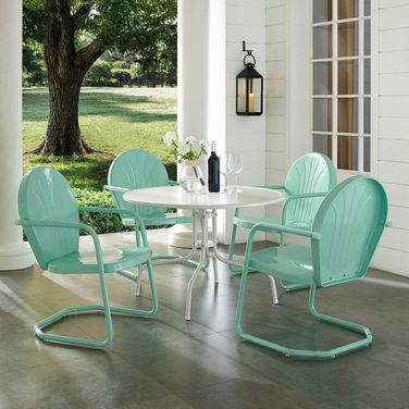 Griffith 5 Piece Round Retro Outdoor Dining Set In Aqua Gloss and White Satin