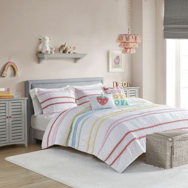 Haisley Cotton Printed Reversible 5 Piece Queen Duvet Cover Set with Chenille Trims In Pink