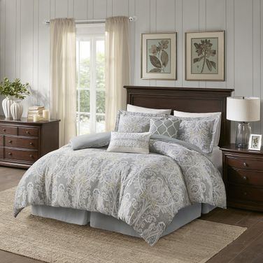Hallie Cotton Sateen Printed 6 Piece California King Comforter Set In Grey