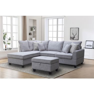 Harmony Fabric Sectional Sofa with Left-Facing Chaise and Storage Ottoman In Light Gray