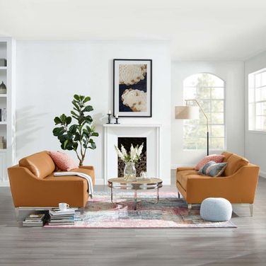 Harness Stainless Steel Base Leather Sofa and Loveseat Set In Tan