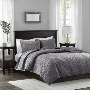 Harper Polyester Velvet Quilted 3 Piece Queen Coverlet Set In Grey