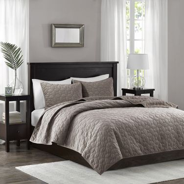 Harper Polyester Velvet Quilted 3 Piece King Coverlet Set In Taupe