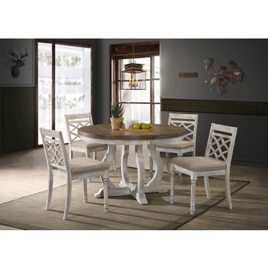 Havanna 5 Piece 47 Inch Round Dining Table Set with Off White Fabric Chairs In Vintage Walnut