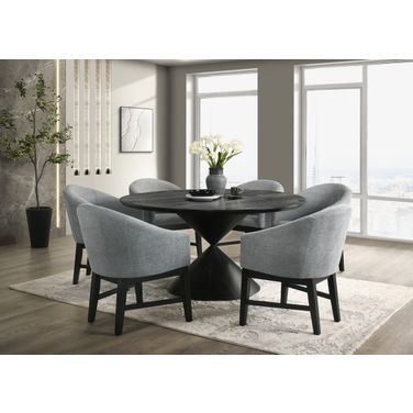 Haven 7PC 59 Inch Round Pedestal Dining Set with Hourglass Table Base and Gray Barrel Chairs In Ebony Black