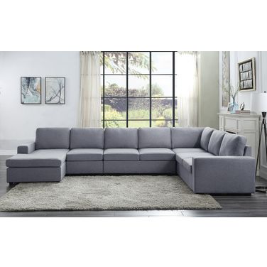 Hayden 146.5 Inch Linen 7 Seat Reversible Modular Sectional Sofa Chaise In Light Gray