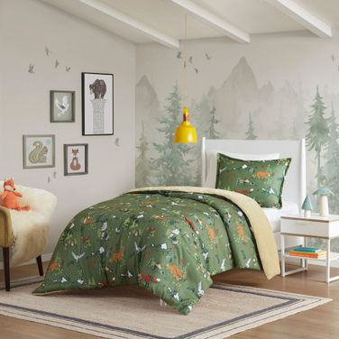 Heath Forest Animals Plush Reversible 3 Piece Full/Queen Comforter Set In Green