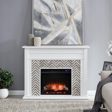 Hebbington Tiled Marble Electric Fireplace With Touch Screen