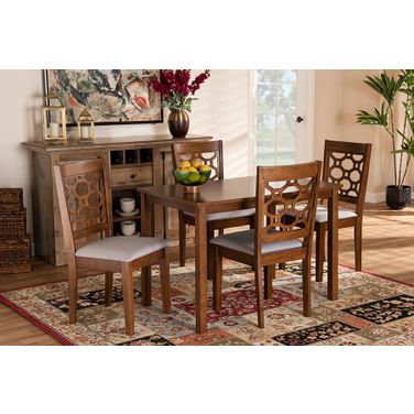 Henry Modern and Contemporary Grey Fabric Upholstered and Walnut Brown Finished Wood 5-Piece Dining Set