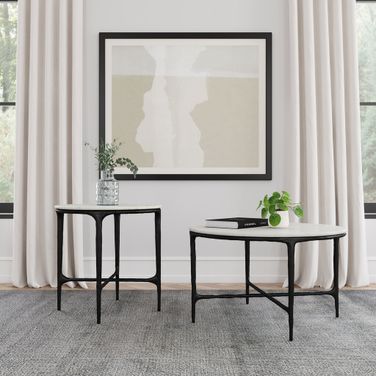 Hermas Round Genuine Marble Top Metal Occasional Table Set In Black and White