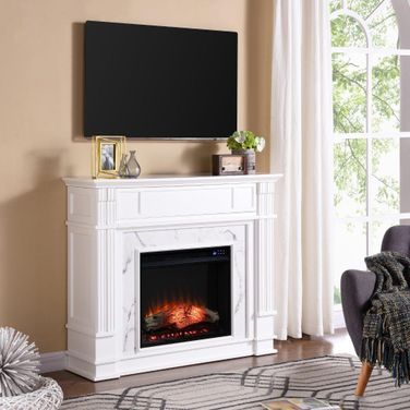 Highgate Faux Cararra Marble Touch Screen Electric Media Fireplace In White