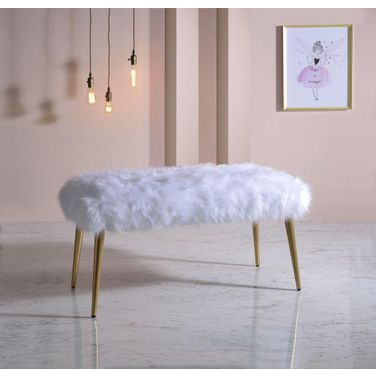 Homeroots White Faux Fur Gold Metal Upholstered Bench 347539