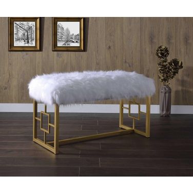 Homeroots White Faux Fur Gold Metal Upholstered Bench 347540