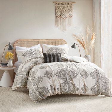 Ibiza 4 Piece Printed King/Cal King Duvet Cover Set with Throw Pillow In Black and Ivory