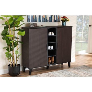 Idina Mid-Century Modern Two-Tone Dark Brown and Grey Finished Wood 2-Door Shoe Cabinet