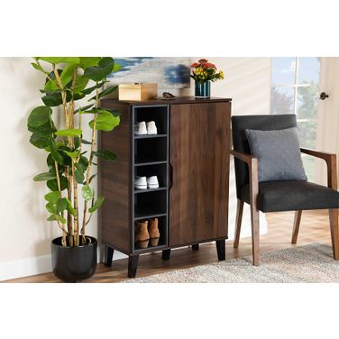 Idina Mid-Century Modern Two-Tone Walnut Brown and Grey Finished Wood 1-Door Shoe Cabinet