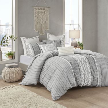 Imani Cotton 3 Piece King Comforter Mini Set In Gray