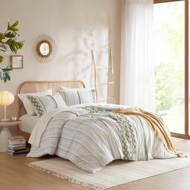 Imani Cotton Printed Comforter Set with Chenille In Ivory and Sage